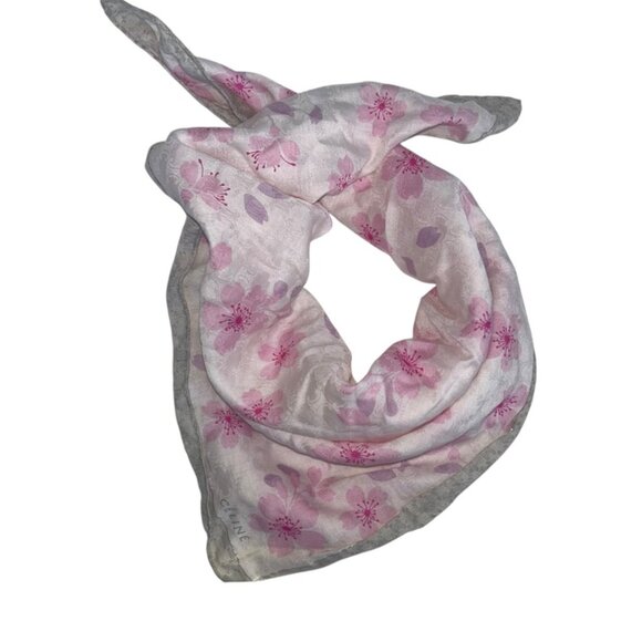 celine paris france cotton pink gray plumera floral print handkerchief scarf - Picture 1 of 4